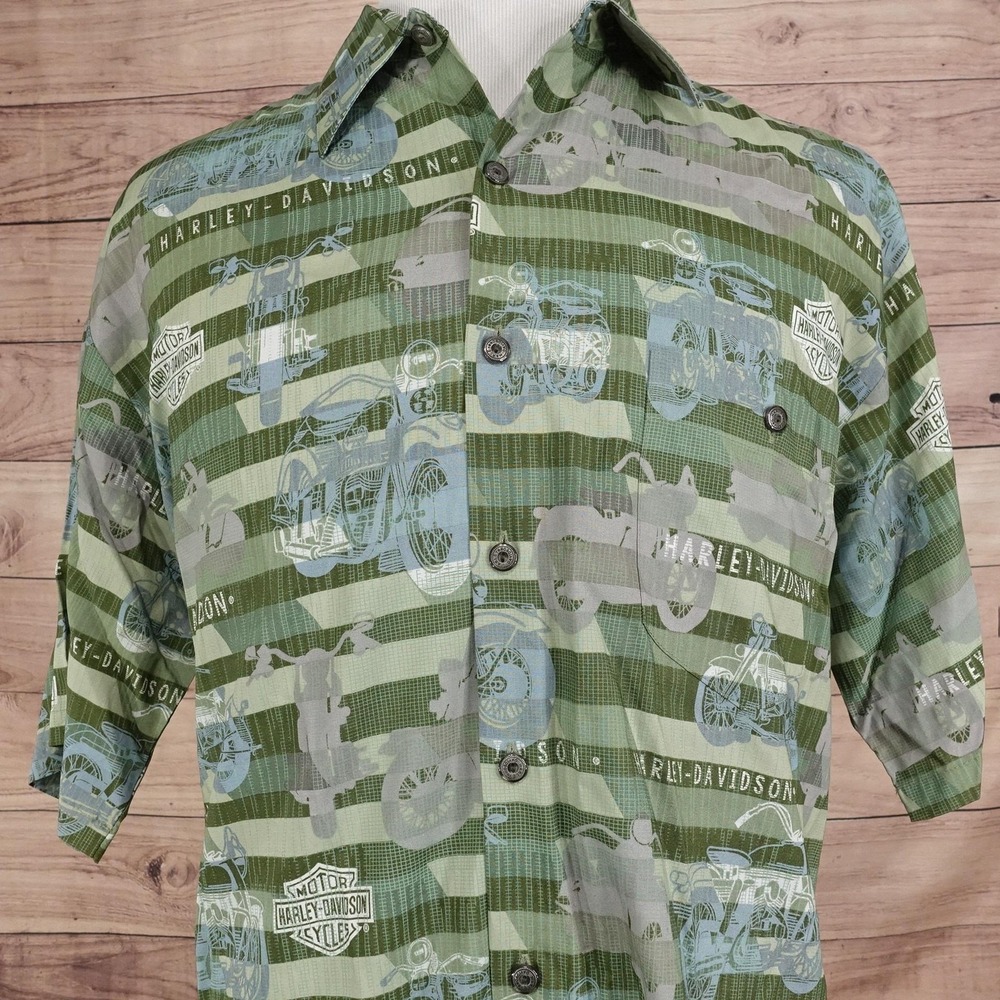 Harley-Davidson Shirt Mens L Green Motorcycle Hawaiian Short Sleeve Button-Up